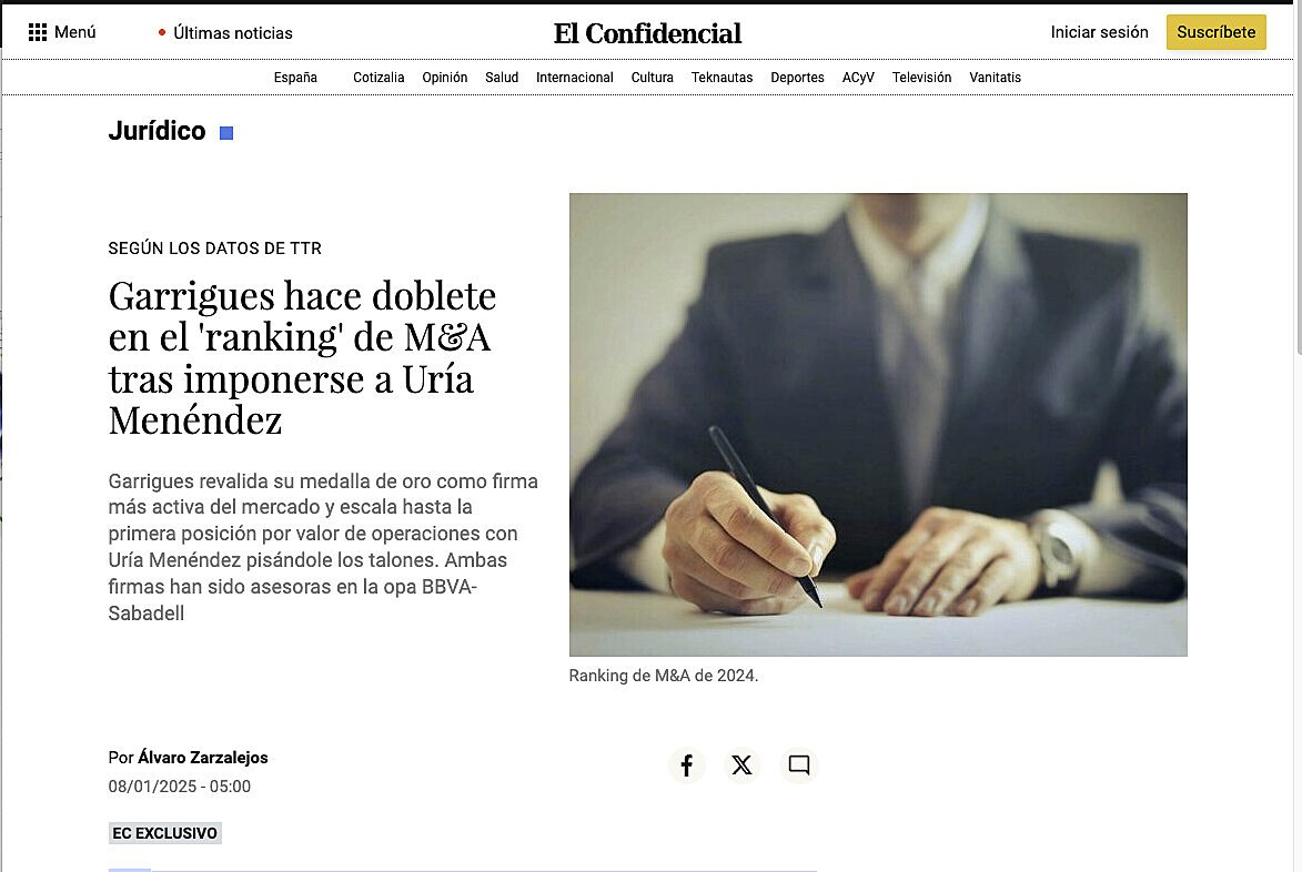 Garrigues hace doblete en el 'ranking' de M&A tras imponerse a Ura Menndez